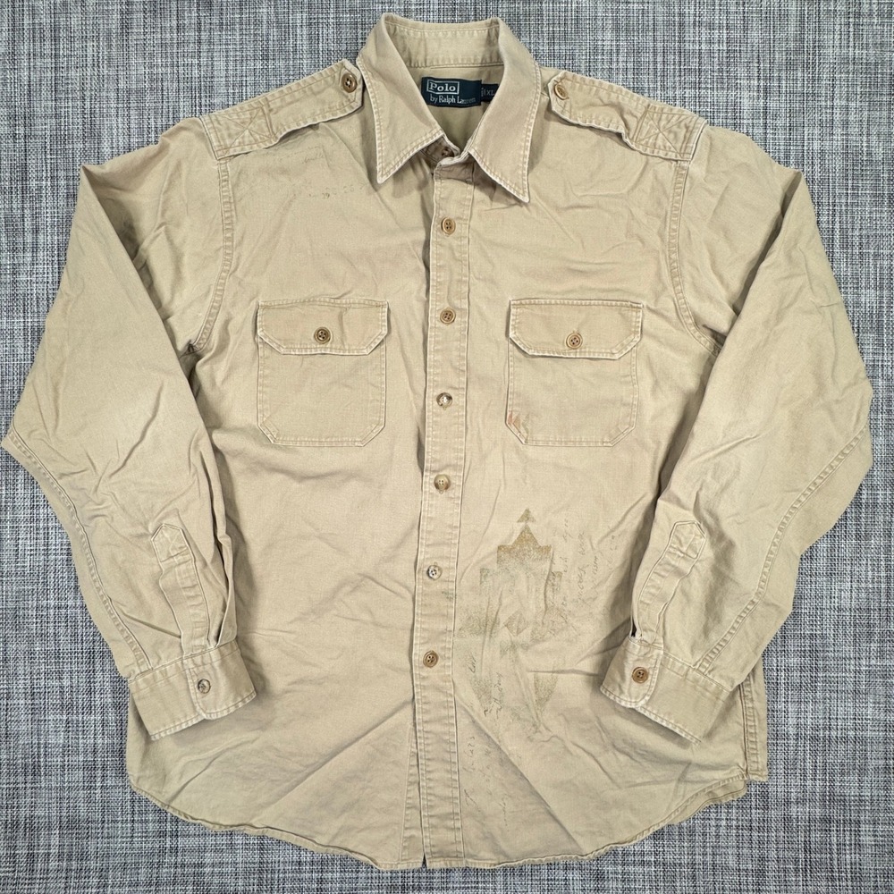 Polo Ralph Lauren Men's Shirt Military Field Safari Epaulets Khaki Sz XL Western